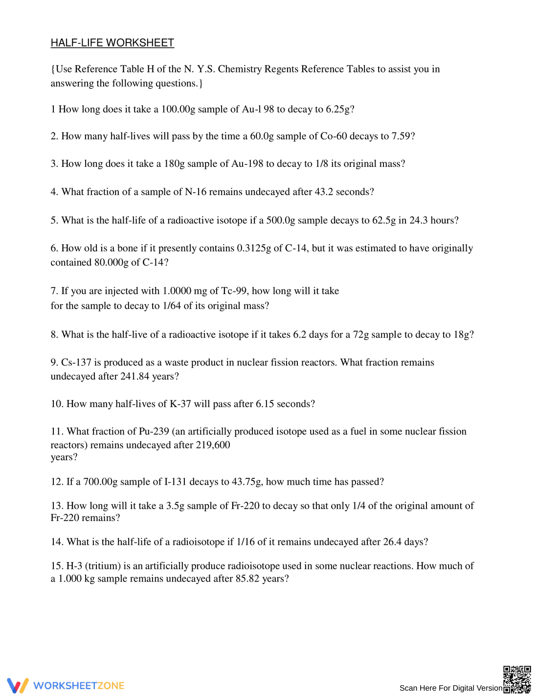 Half-Life Worksheet for Practice - Page 1