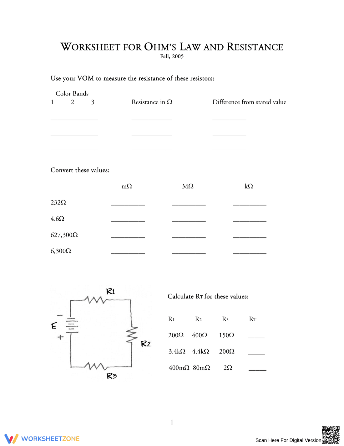 Worksheet for Ohm's Law and Resistance - Page 1