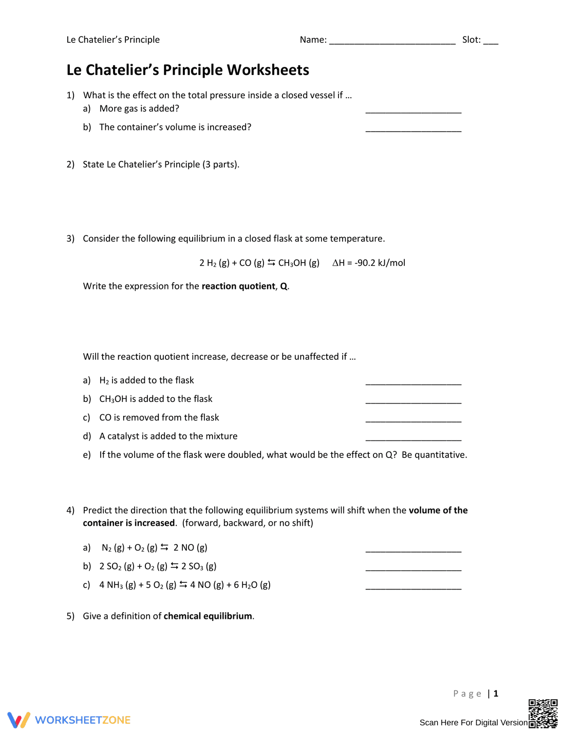 Le Chatelier's Principle Practice - Page 1