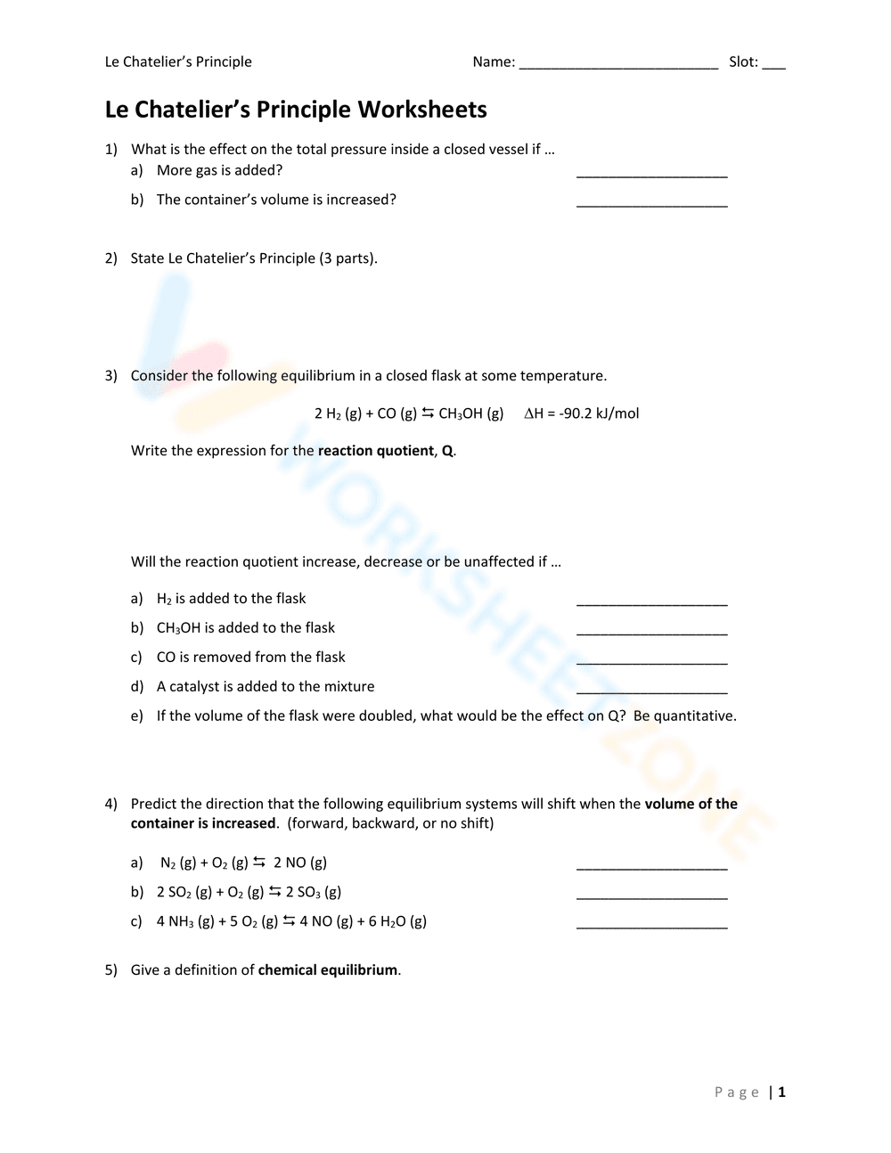 Le Chatelier's Principle Practice - Page 1
