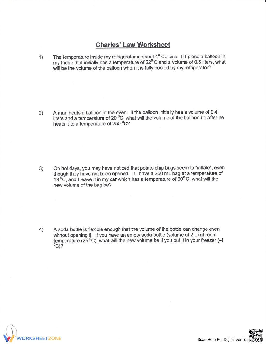 Charles's Law: Gas Laws Chemistry Worksheet - Page 1
