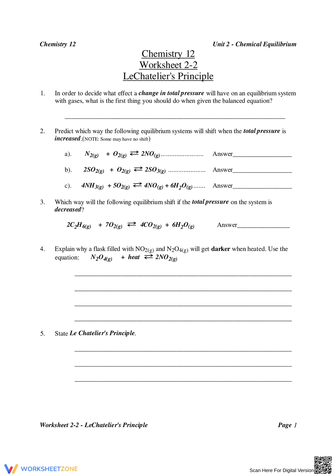 Le Chatelier's Principle: Chemistry Worksheet - Page 1