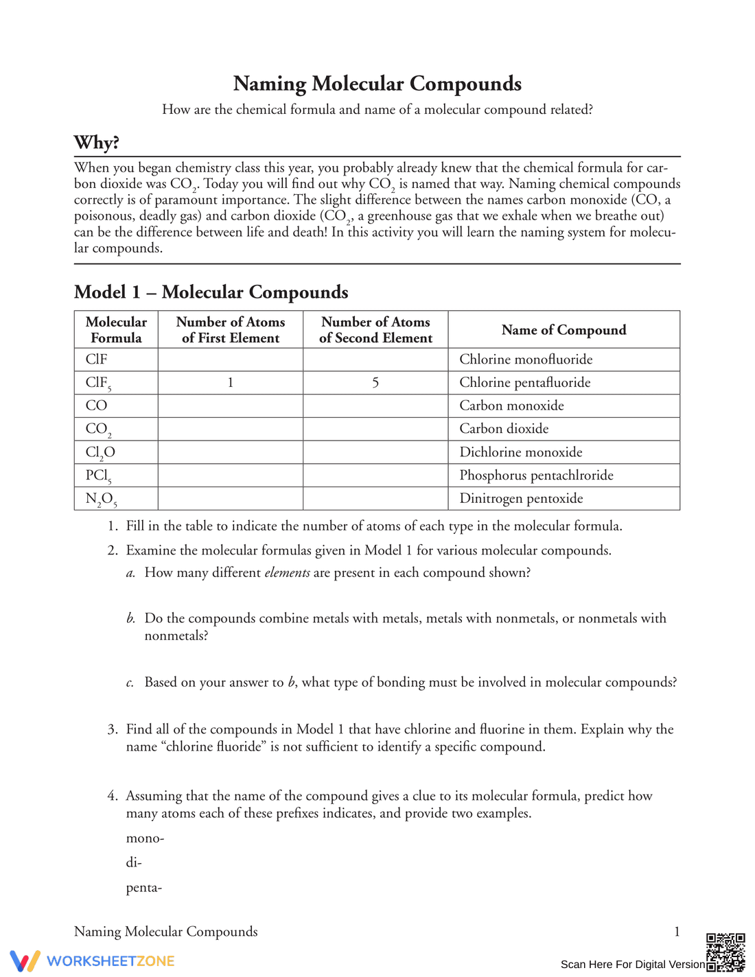Naming Molecular Compounds Printable | Grade 9-12 Chemistry - Page 1