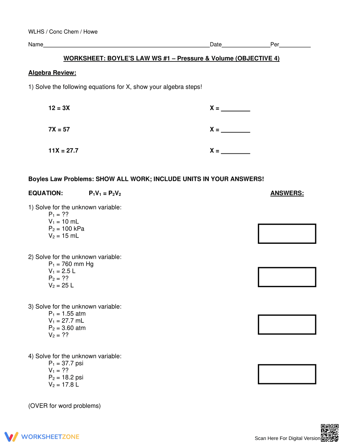 Boyle's Law Worksheet: Gas Laws in Chemistry - Page 1