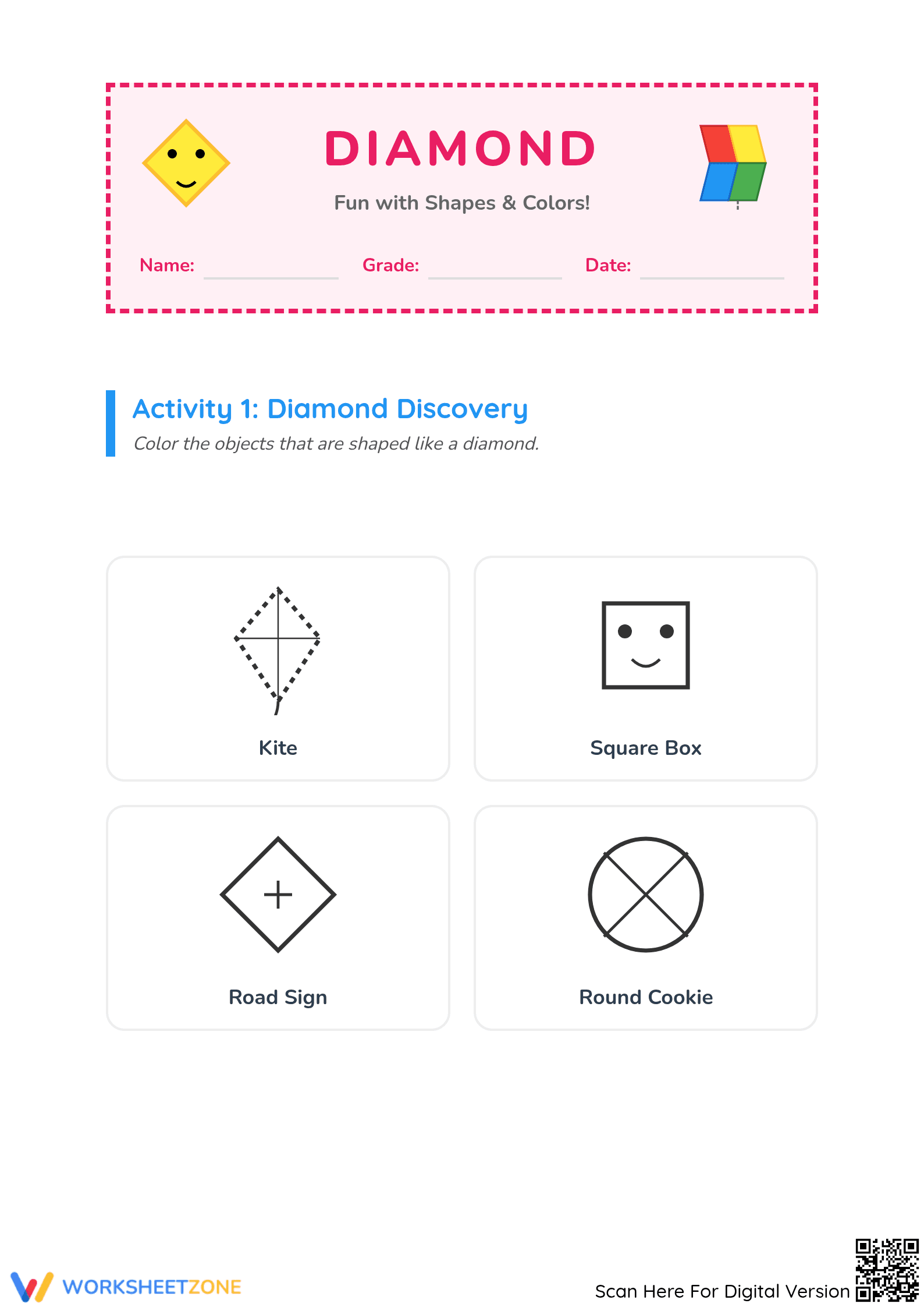 Essential Diamond Shape Recognition Worksheet | Grade K - Page 1