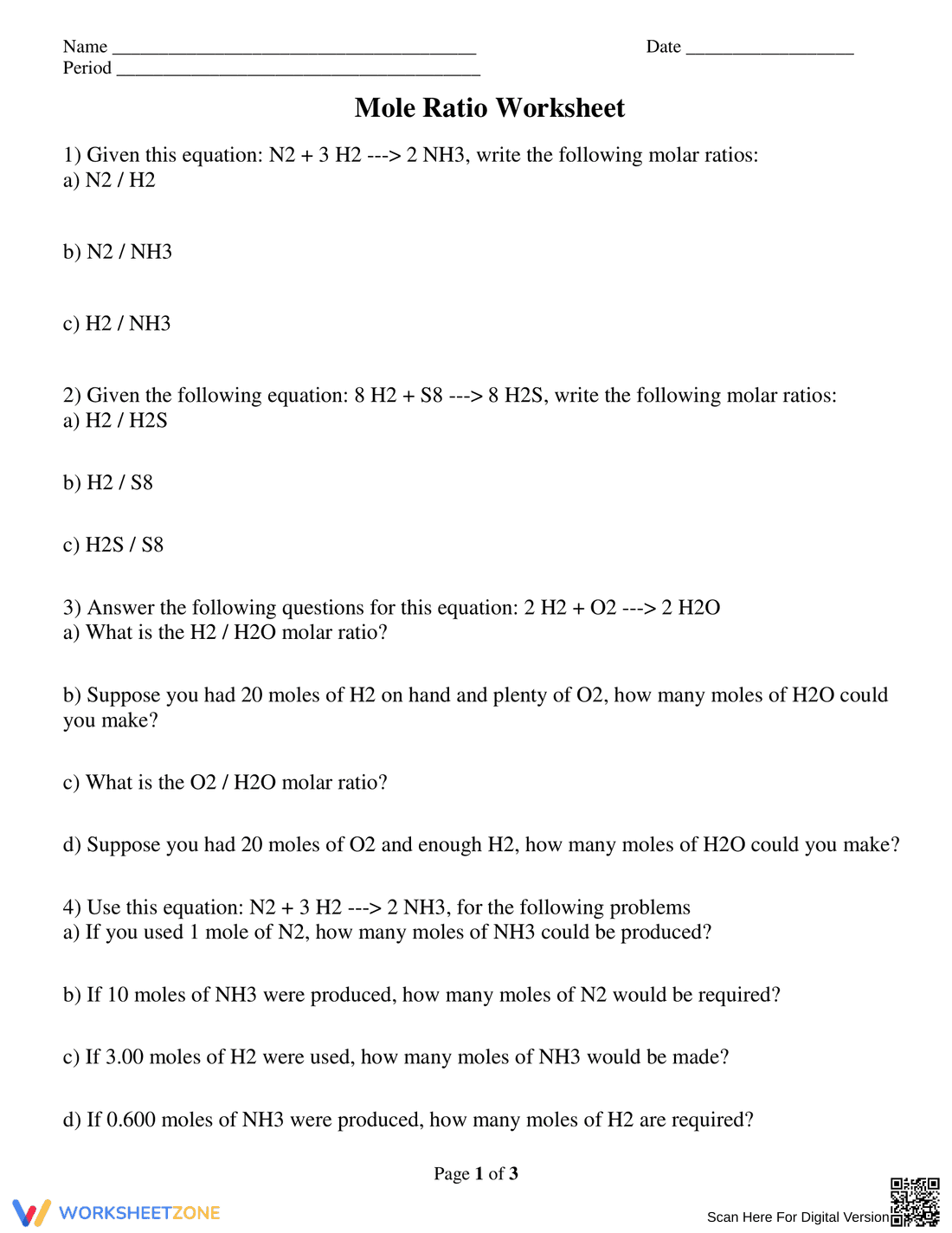 Practice Mole Ratio Calculations - Page 1