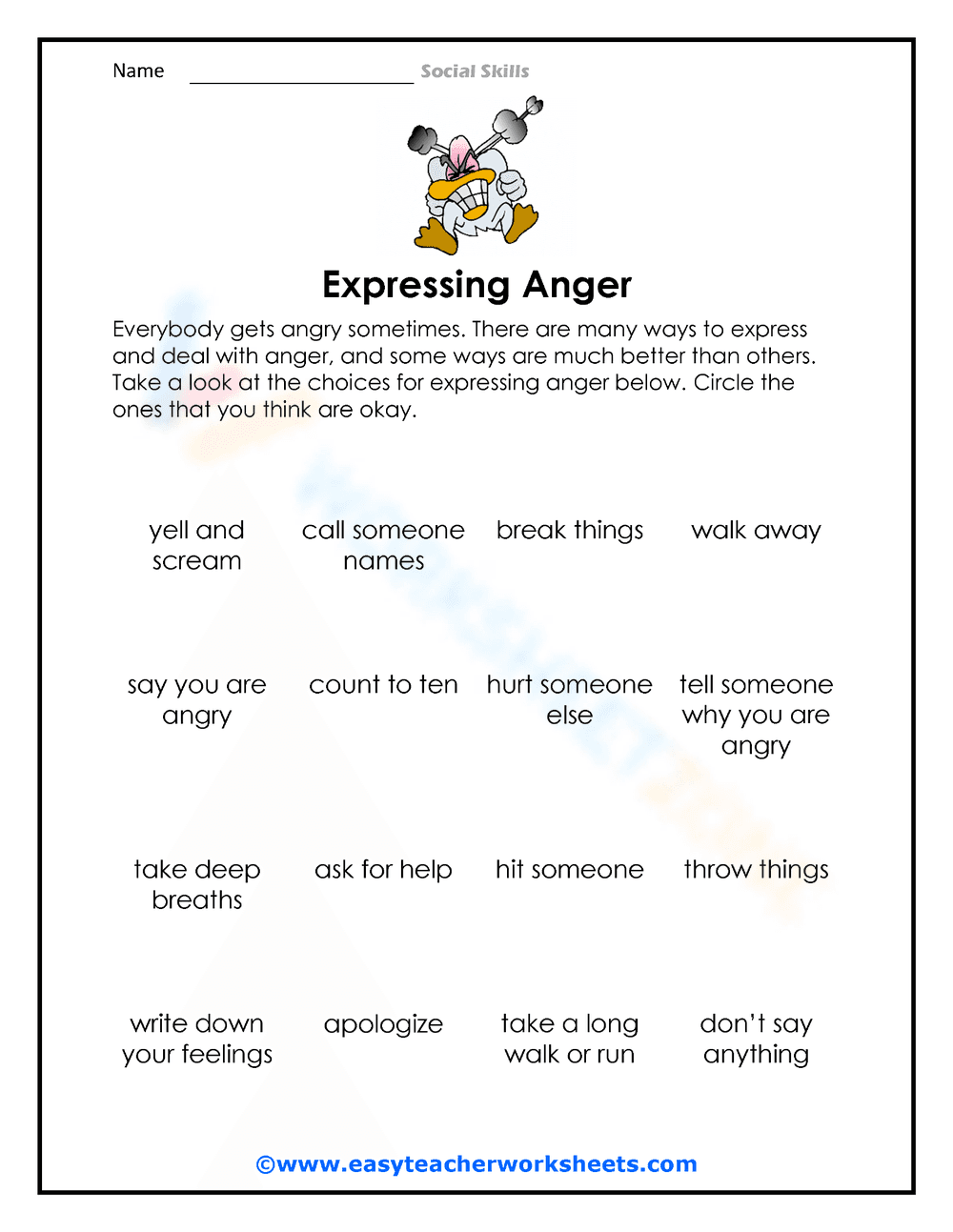Worksheet on Expressing Anger - Page 1