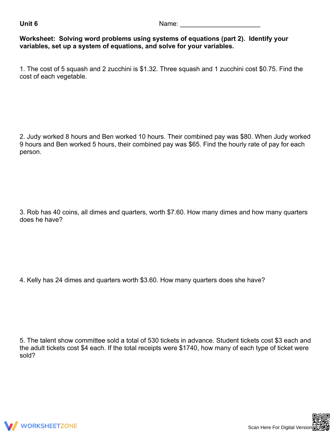 Solving Systems of Equations Word Problems - Page 1