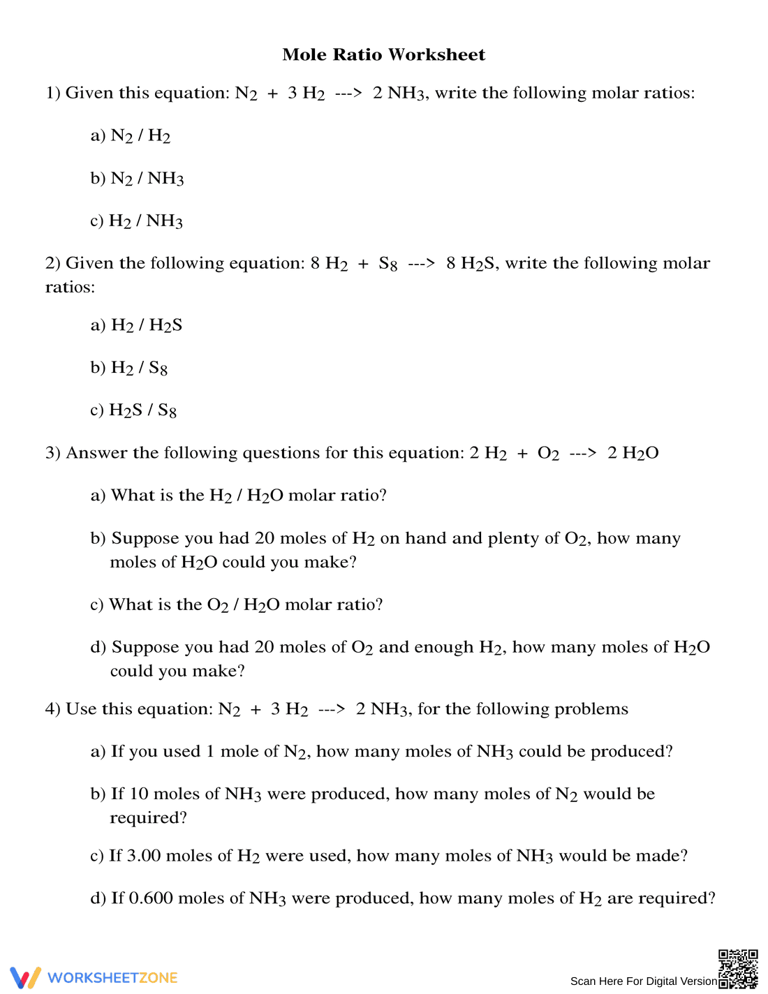 Mole Ratio Practice Worksheet - Page 1