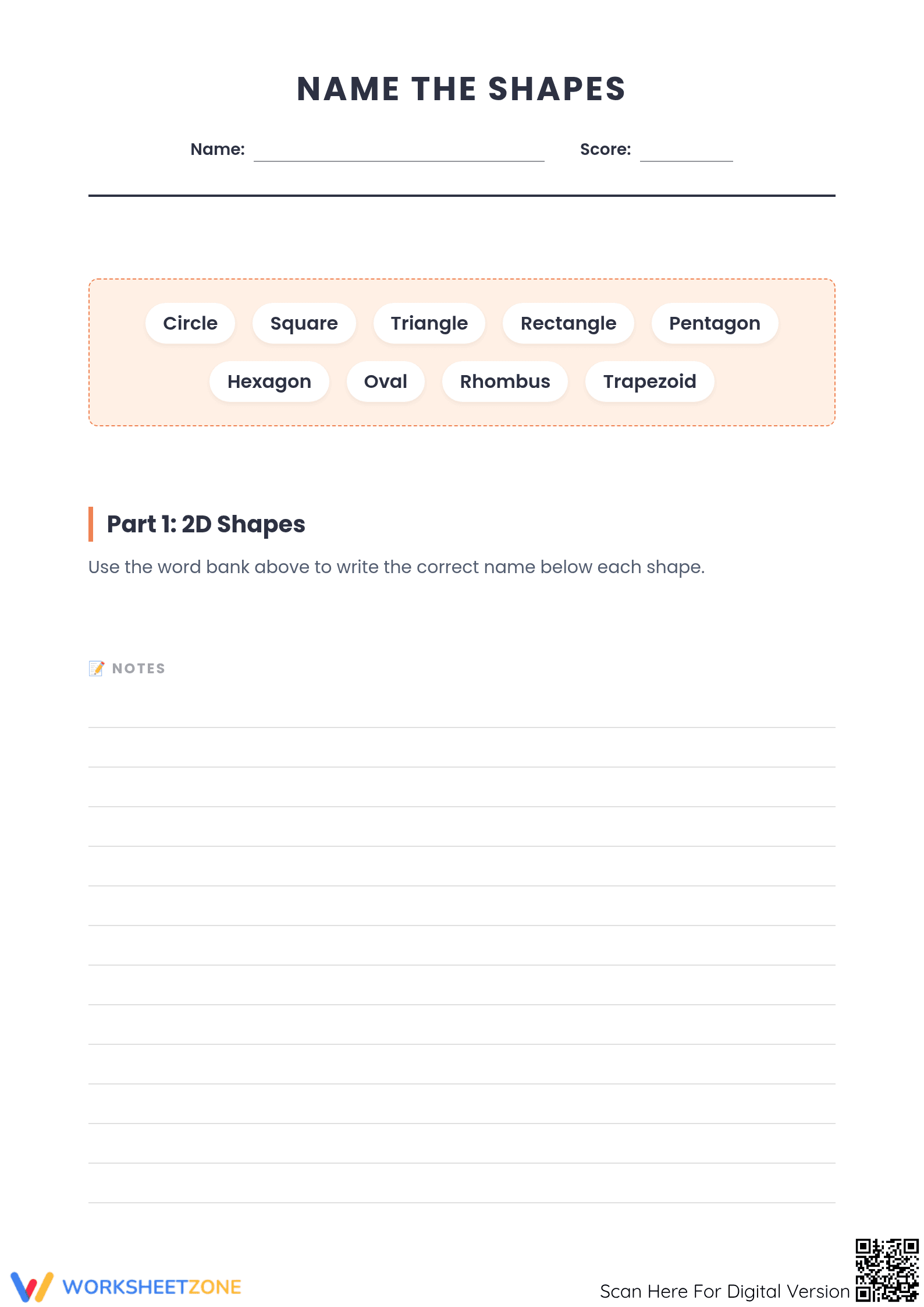 Printable 2D Shapes Worksheet: Name the Shapes | Grade 1 - Page 1