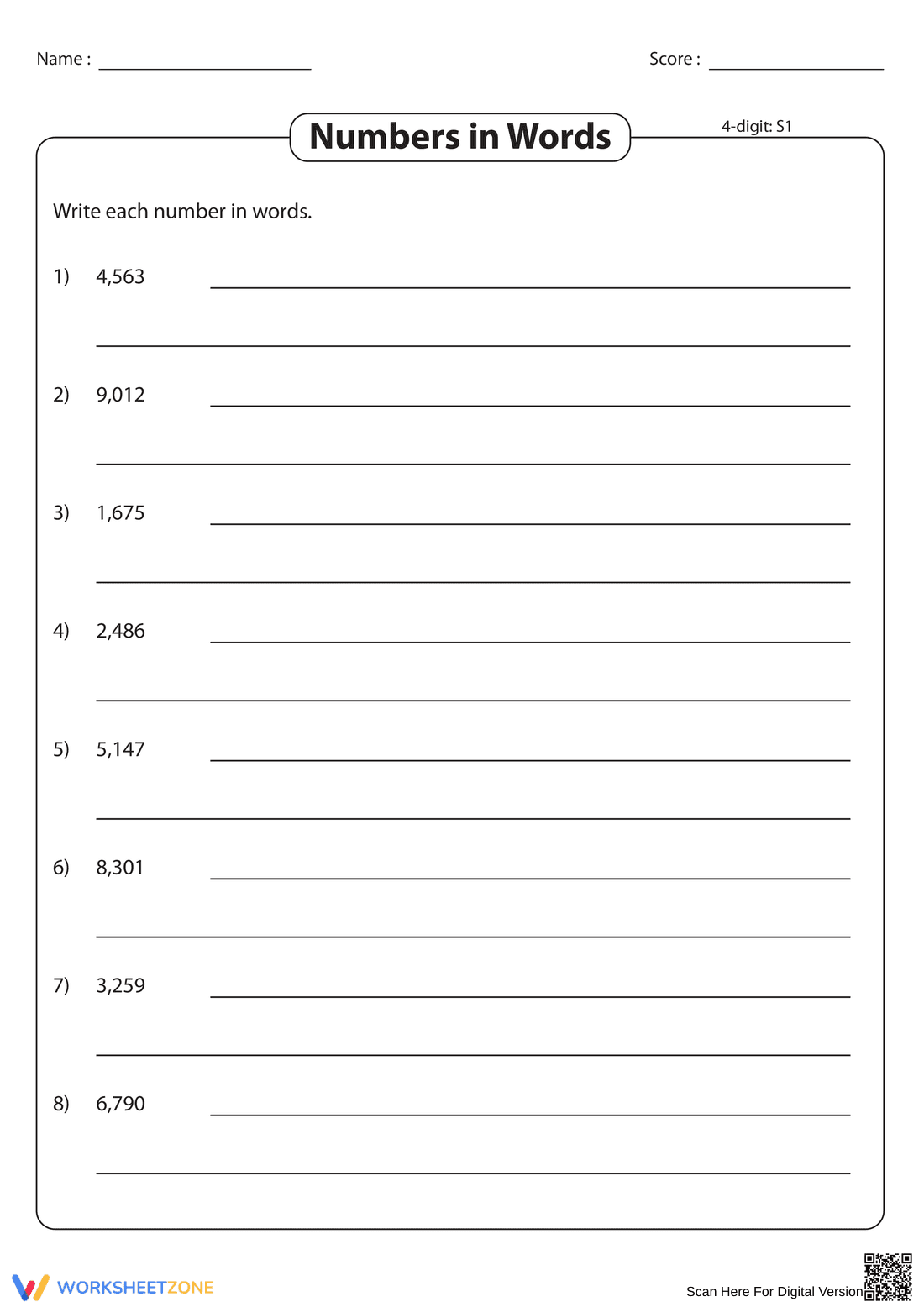 Numbers in Words Practice - Page 1