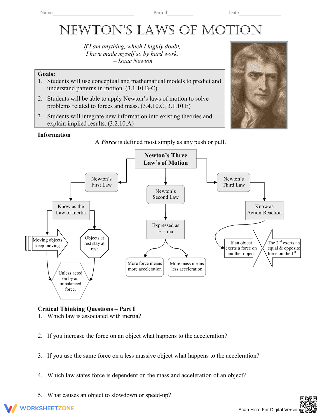 Updated Newton's Laws of Motion Worksheet - Page 1