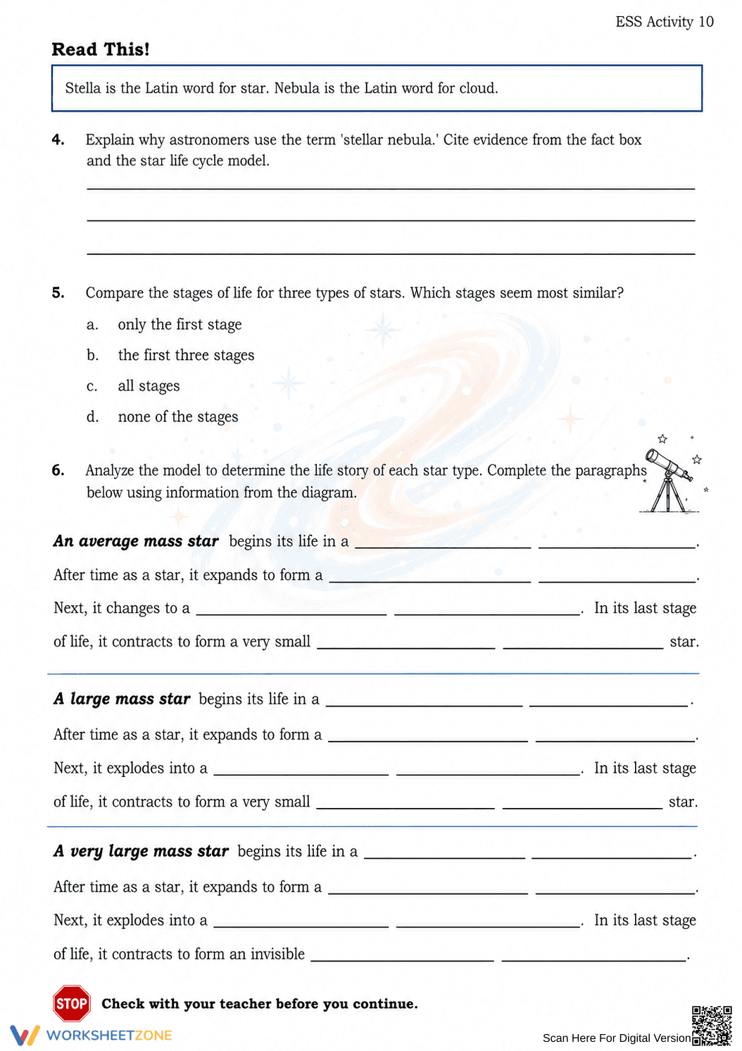 Printable Star Life Cycle Worksheet | Grade 5 Science - Page 1