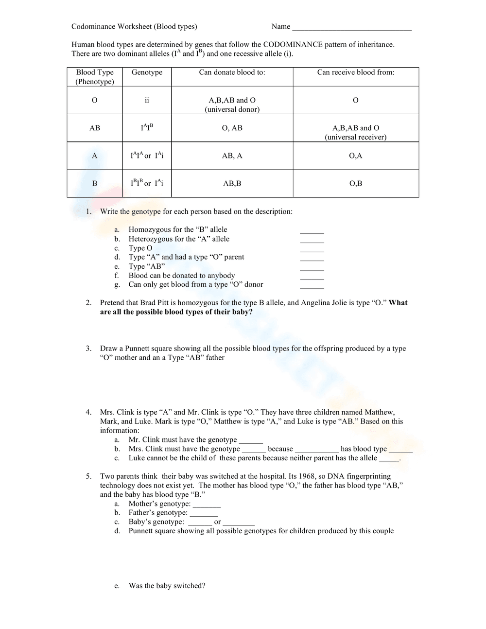 Codominance Worksheet: Blood Types - Page 1