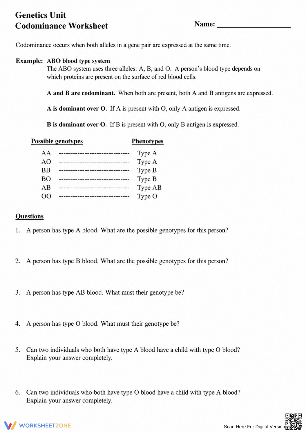 Printable Codominance Worksheet | Grade 9 Biology - Page 1