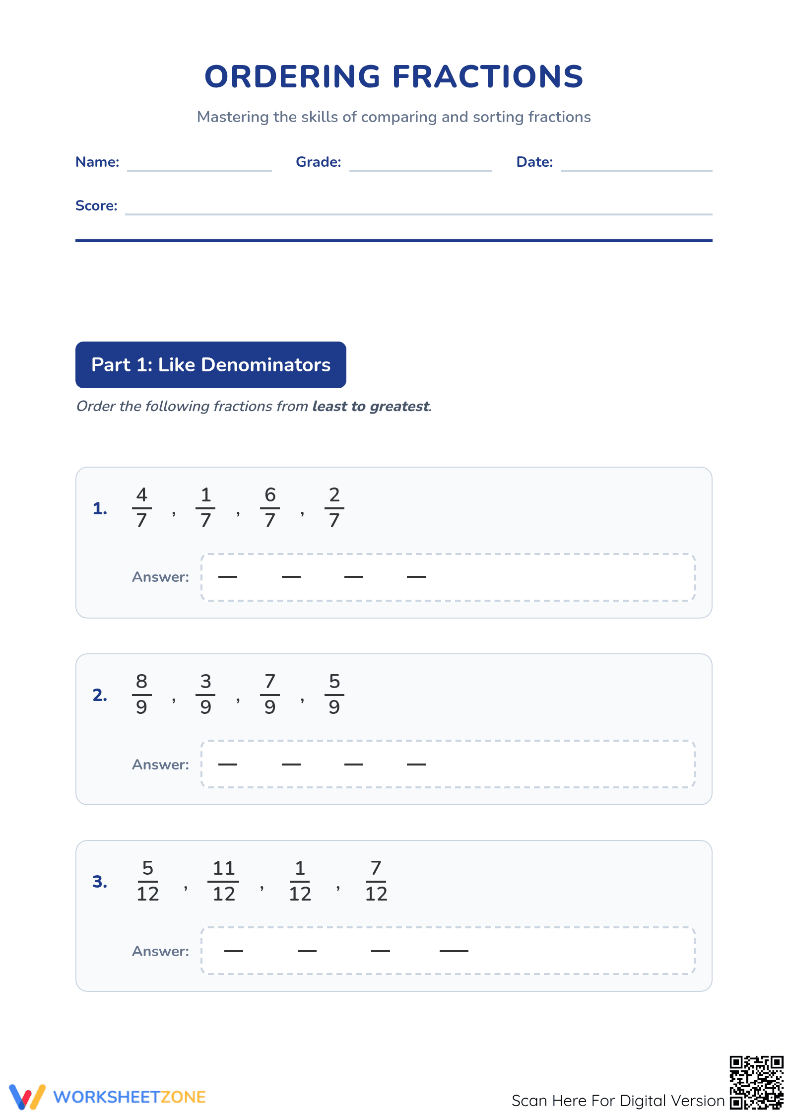 Ordering Fractions Worksheet | Grade 4 Essential Math - Page 1
