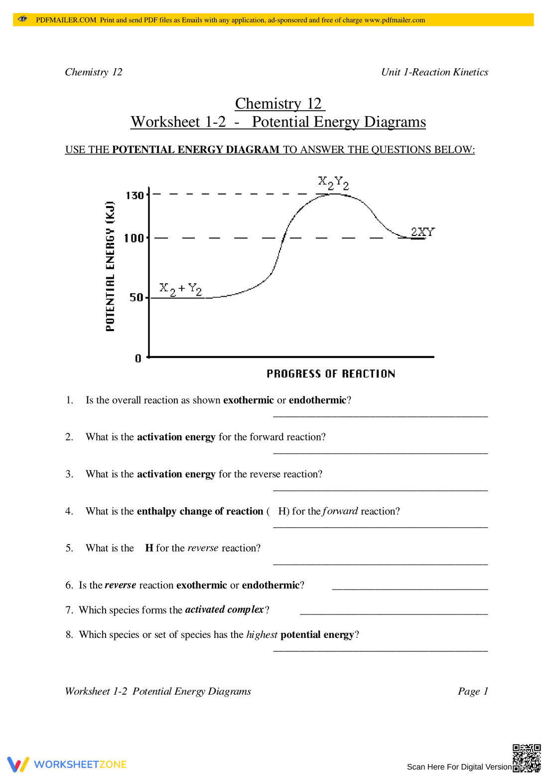 Potential Energy Diagrams: Science Worksheet - Page 1