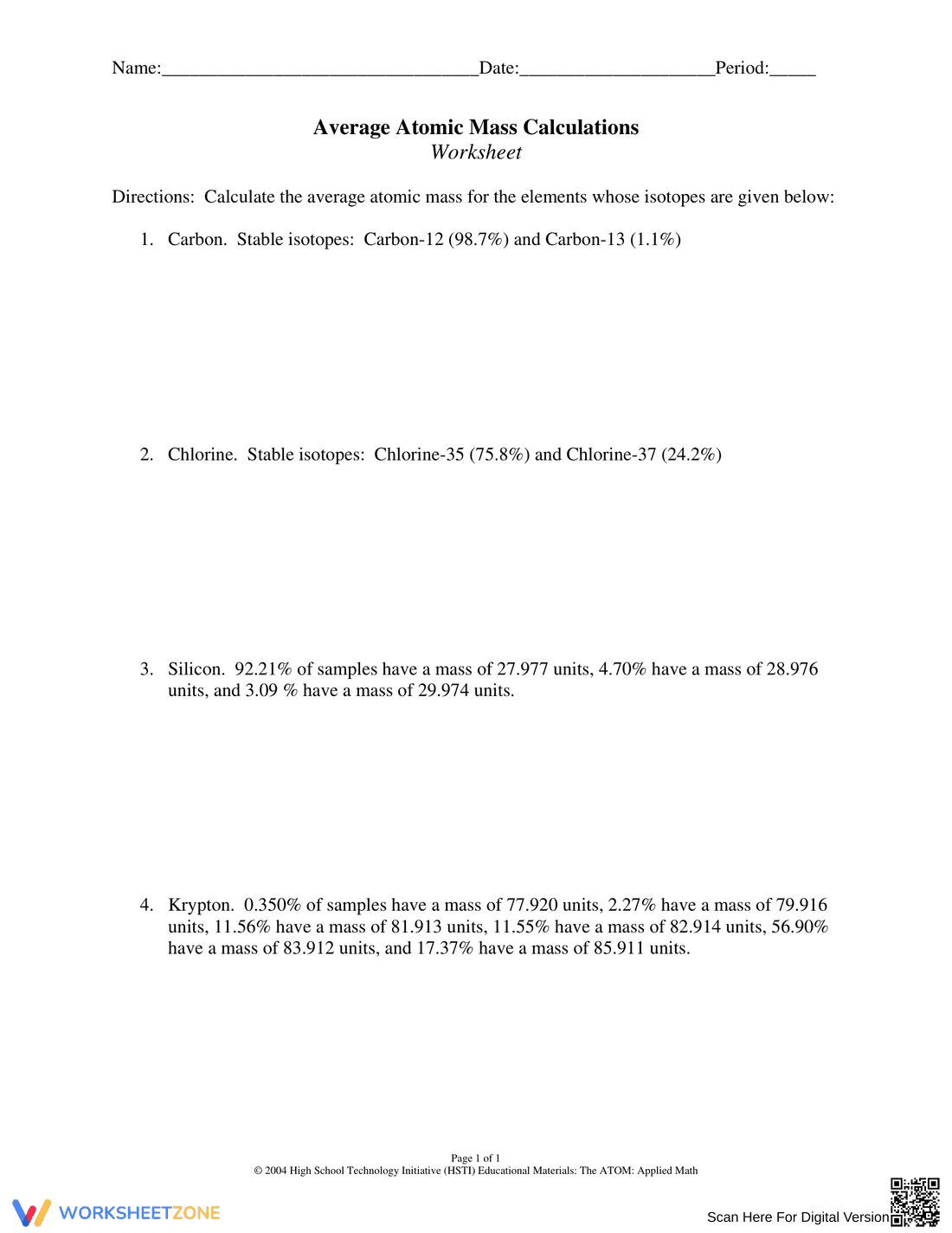 Average Atomic Mass Calculations Worksheet - Page 1