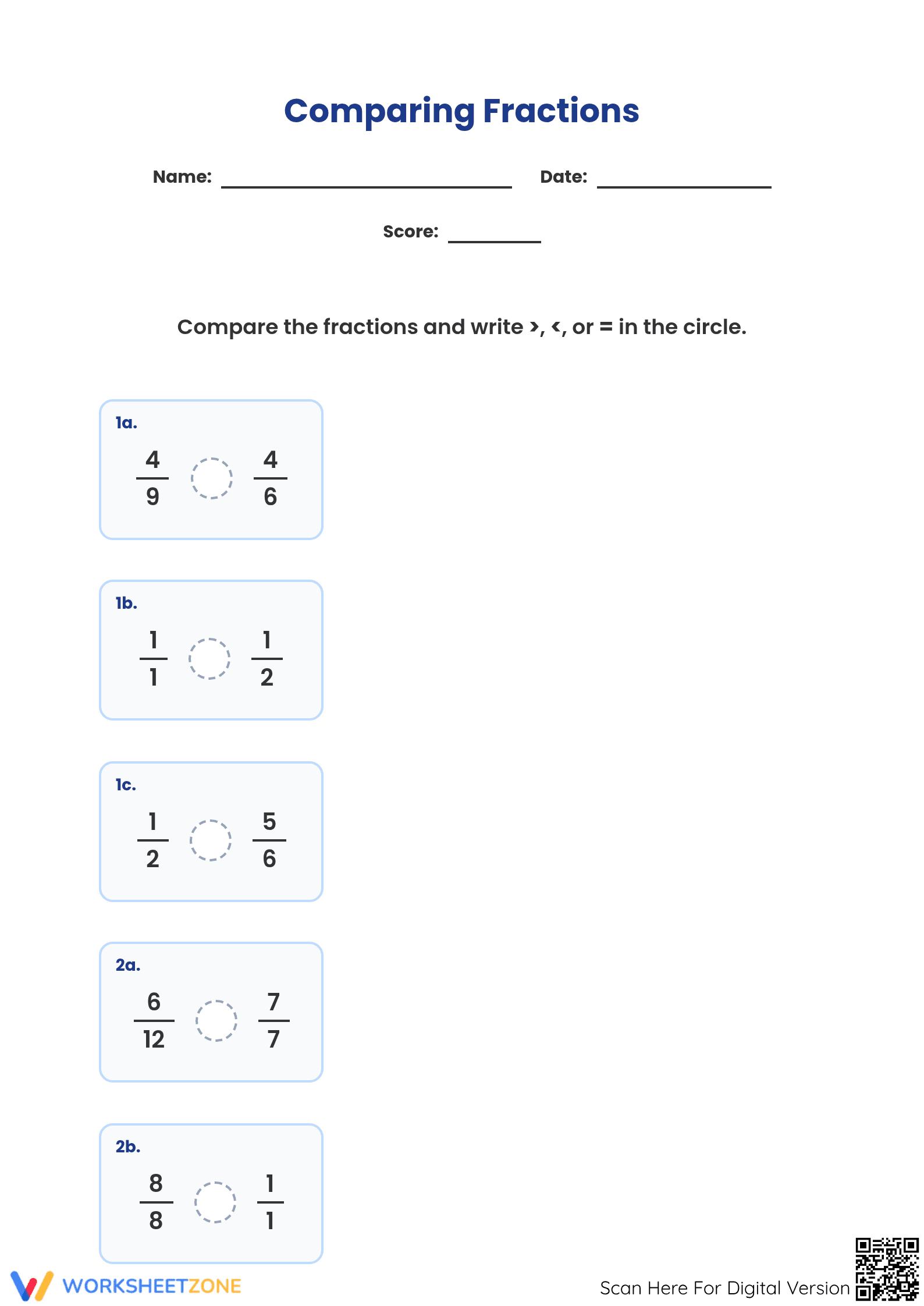 Printable Comparing Fractions Worksheet | Grade 5 & 6 - Page 1