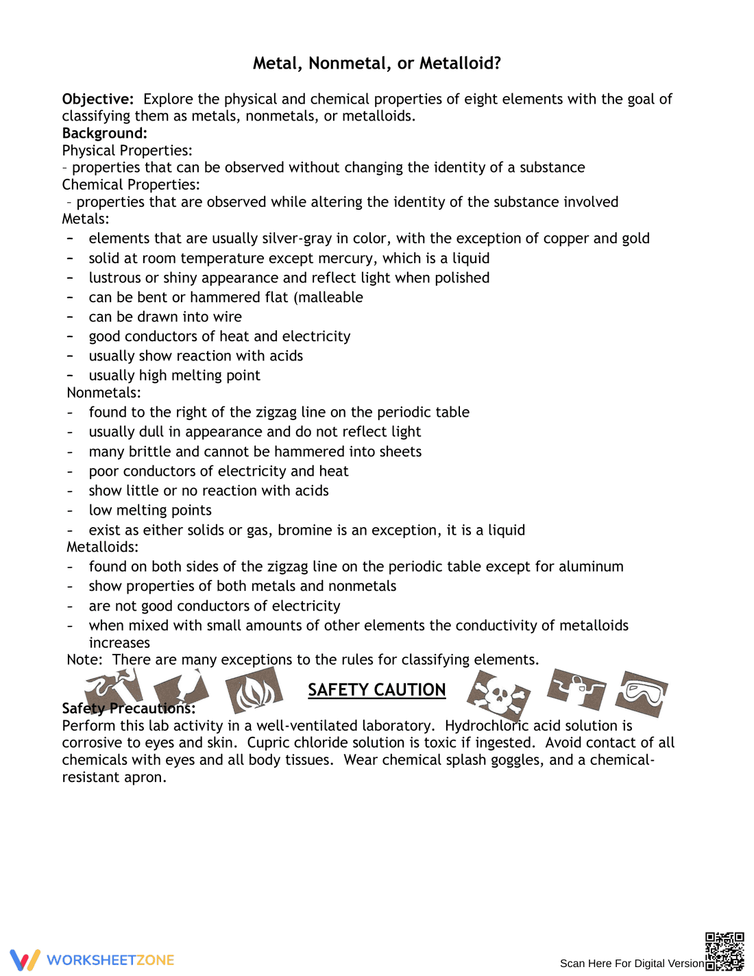 Metal, Nonmetal, or Metalloid Worksheet - Page 1