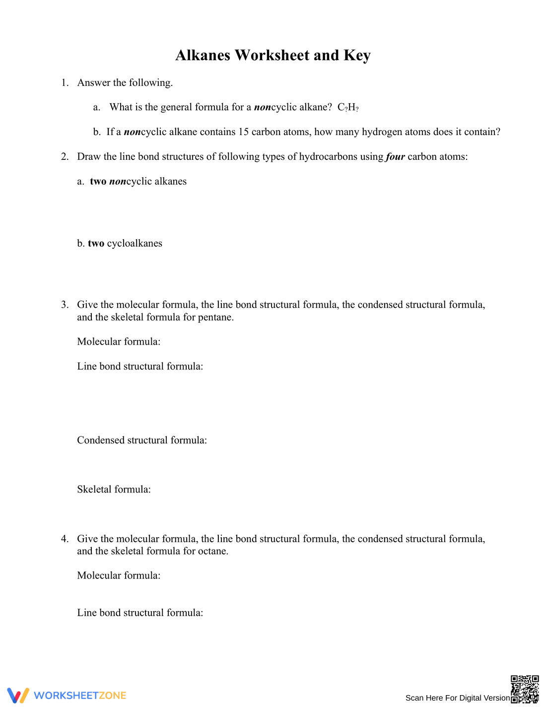 Alkanes Worksheet: Chemistry Practice Problems - Page 1