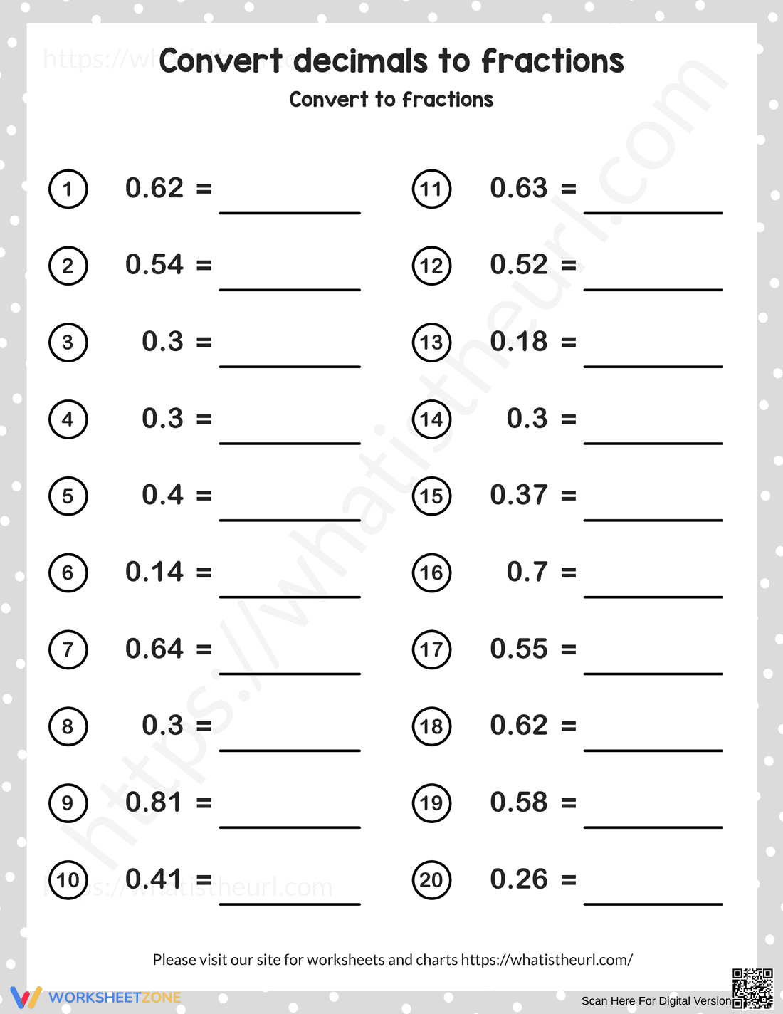 Convert Decimals to Fractions Conversion Practice - Page 1