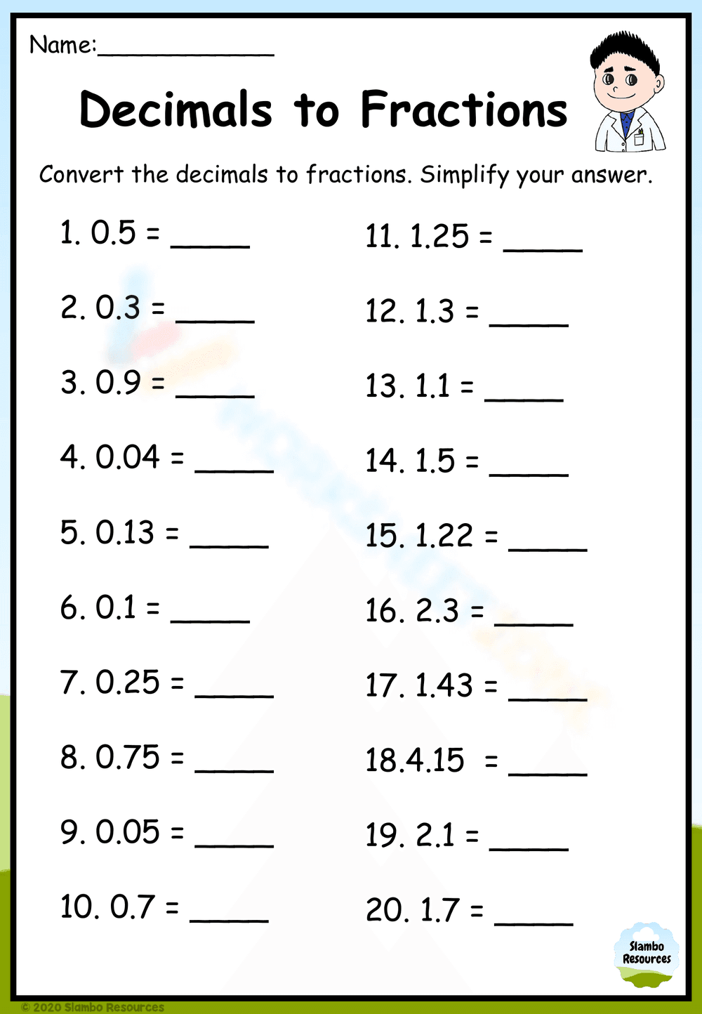 Decimals to Fractions Worksheet - Page 1