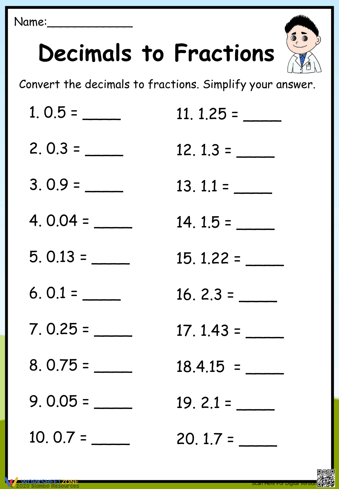 Decimals to Fractions Worksheet - Page 1