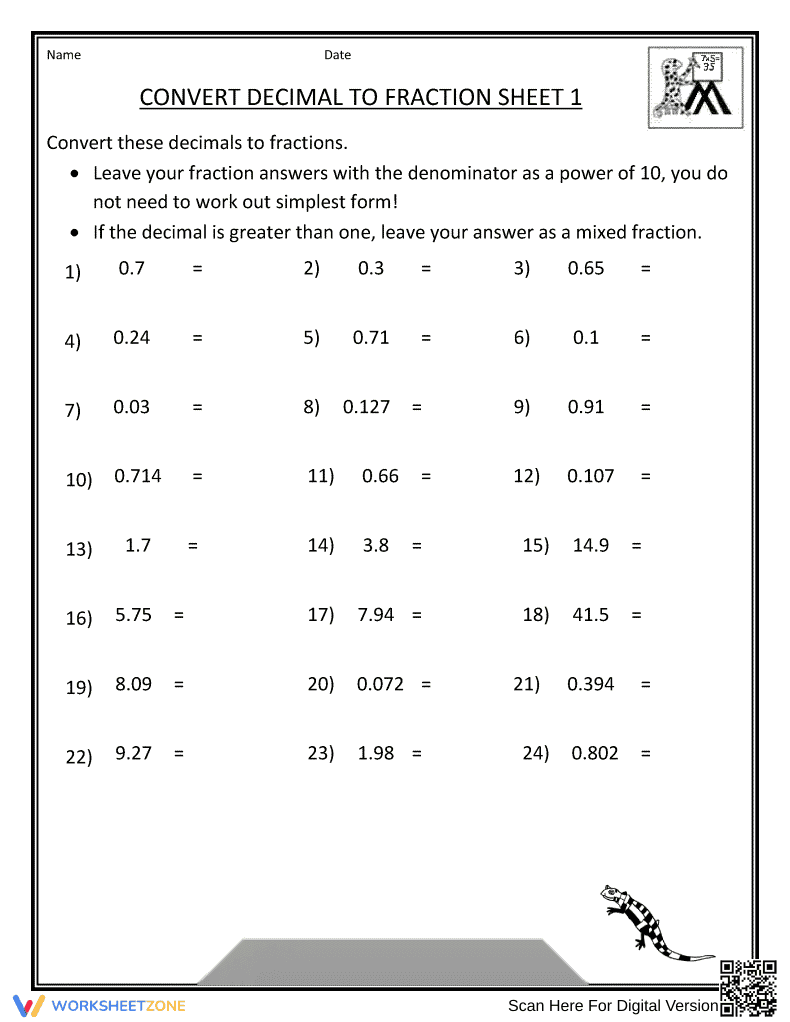 Converting Decimals to Fractions Worksheet - Page 1