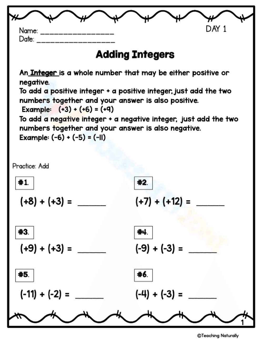 Practice Adding Integers: Math Worksheet for Students - Page 1