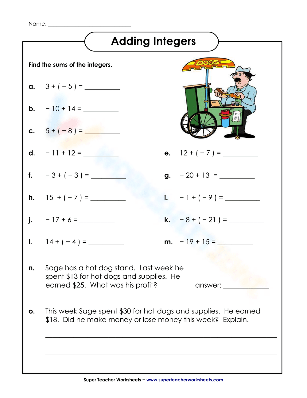 Adding Integers: Practice Problems for Math Students - Page 1