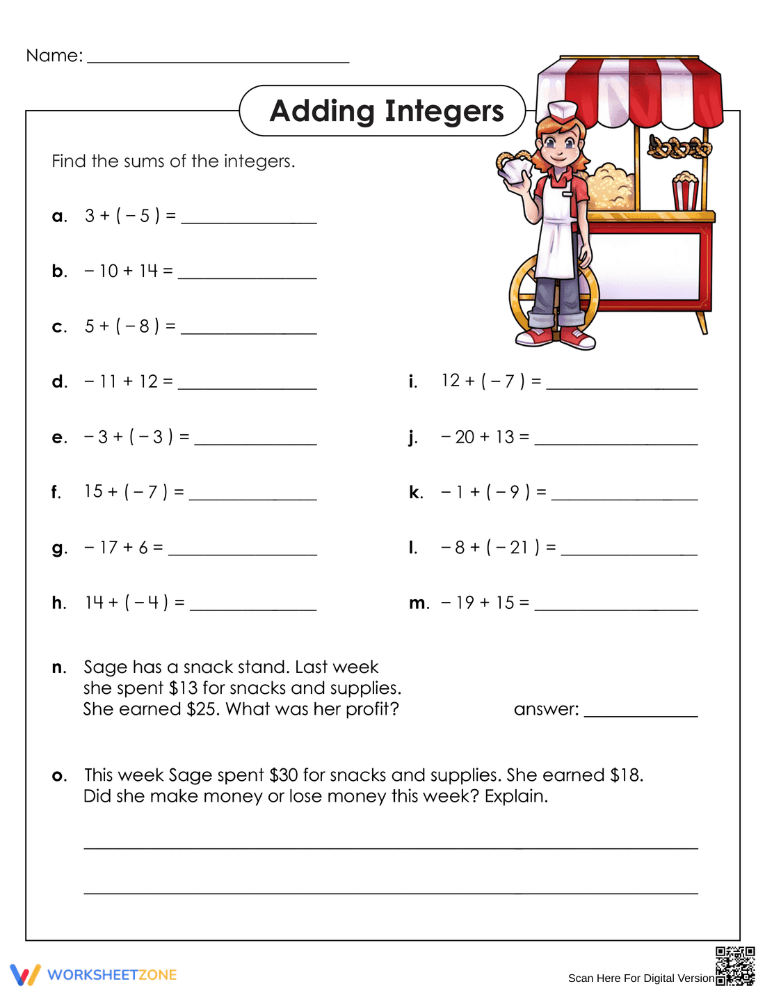 Adding Integers: Practice Problems for Math Students - Page 1