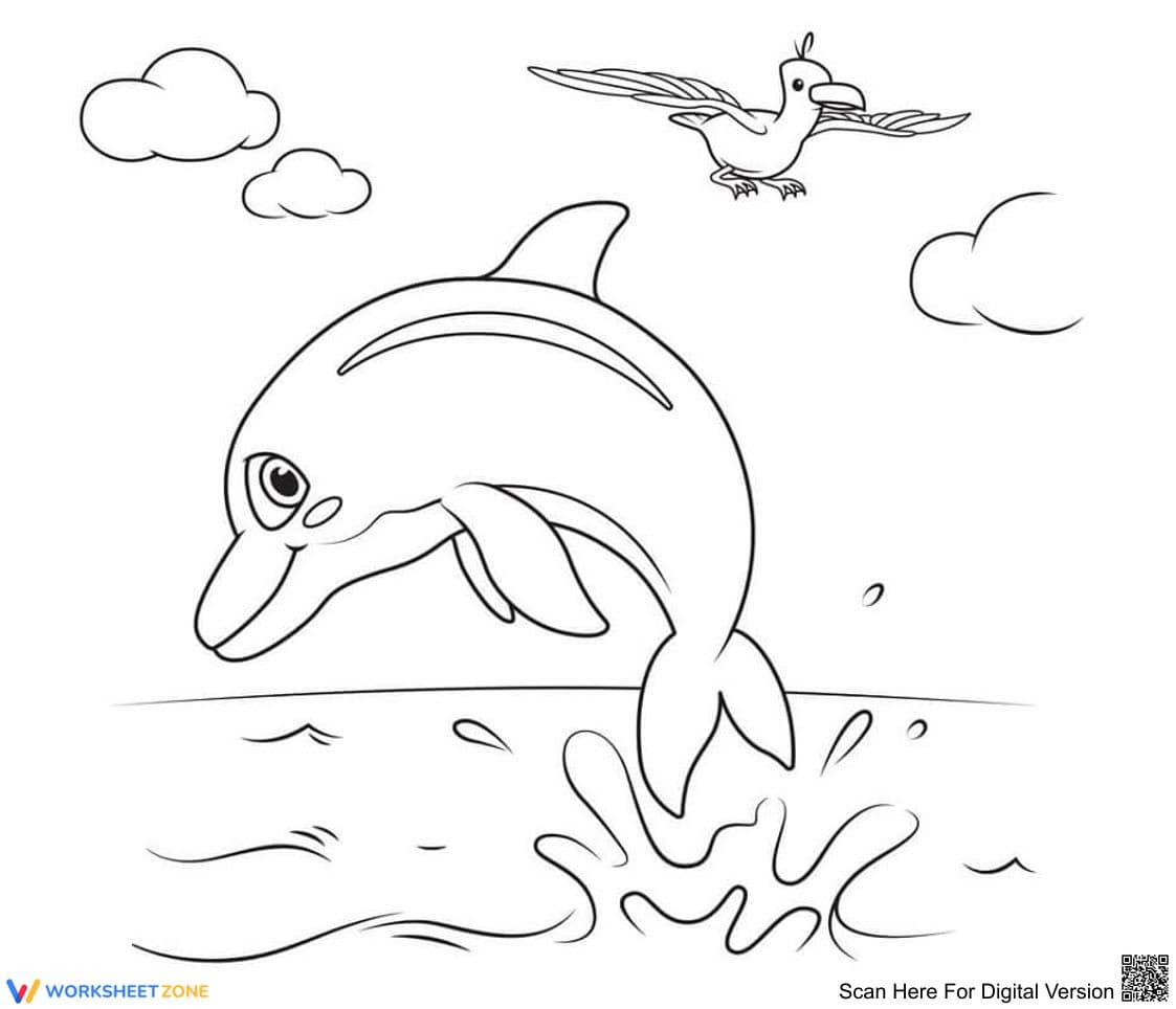 Printable Dolphin Coloring Worksheet | Grade K - Page 1
