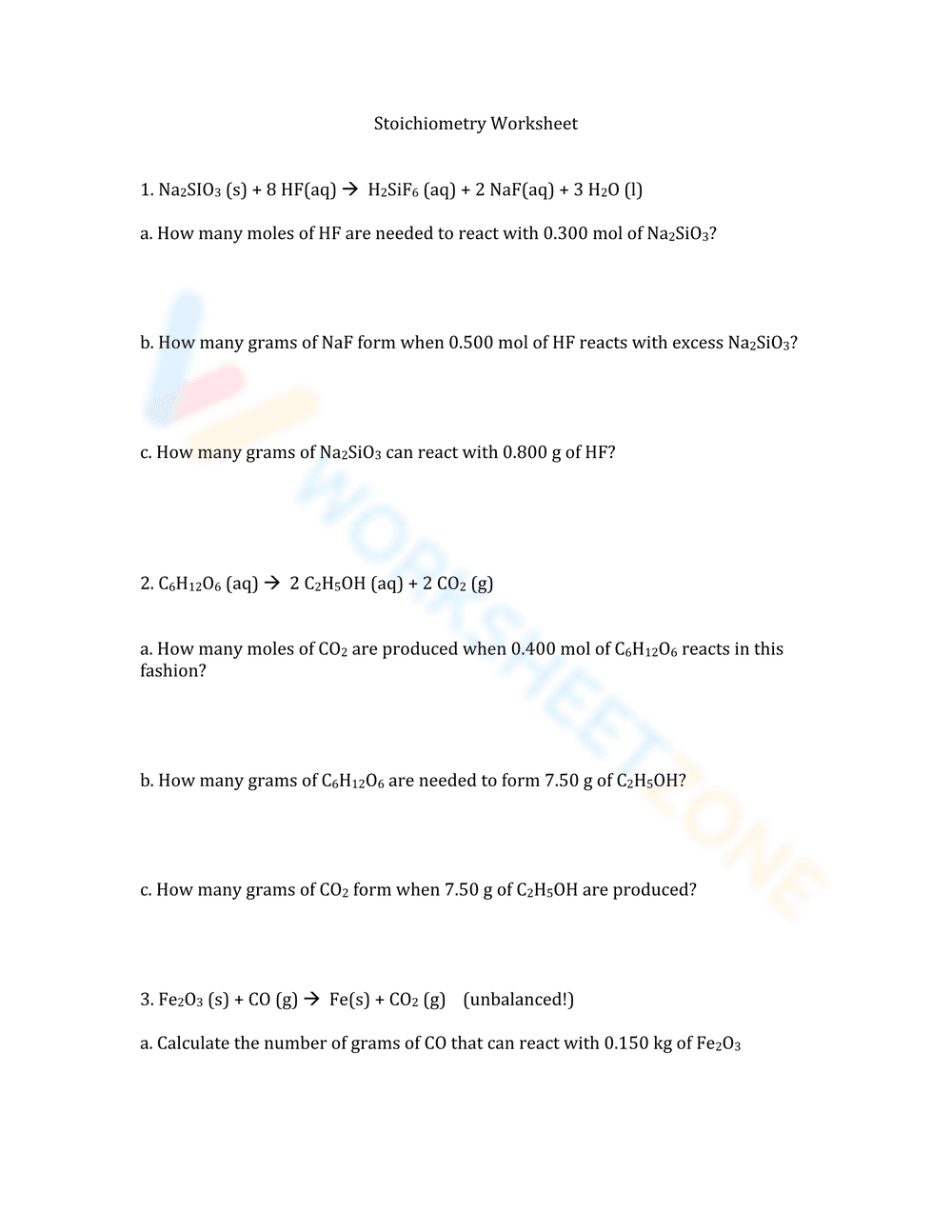 Stoichiometry Practice Worksheet | Grade 10-12 Essential - Page 1