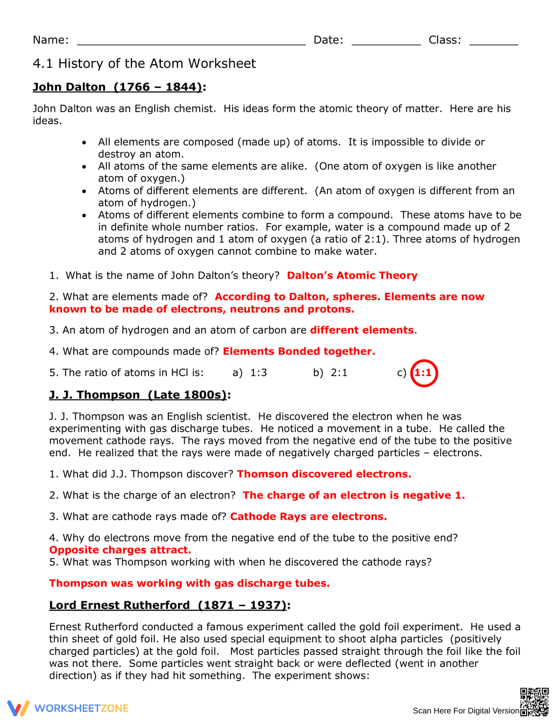 History of the Atom Worksheet: Updated Atomic Theory - Page 1