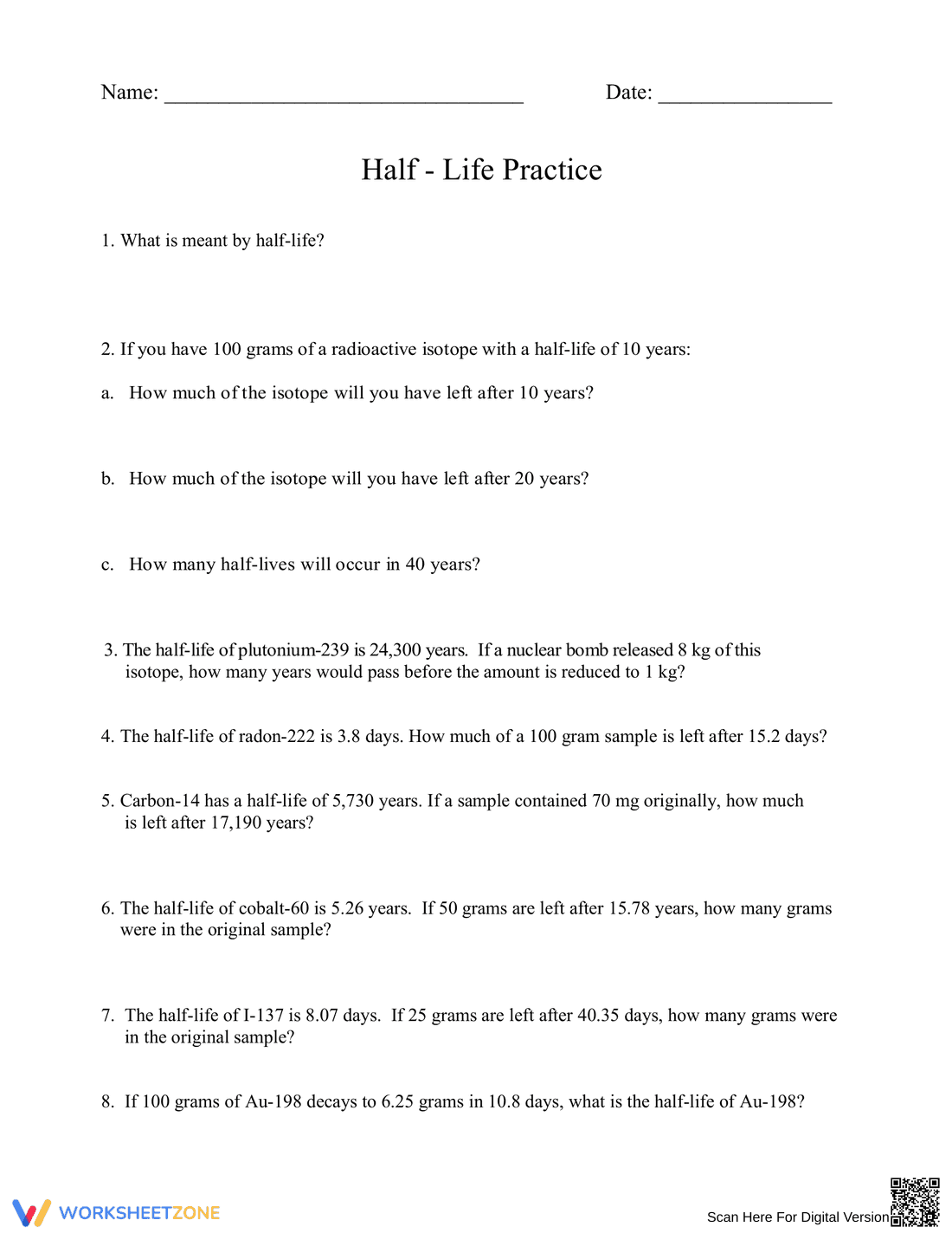 Half-Life Practice Problems - Page 1