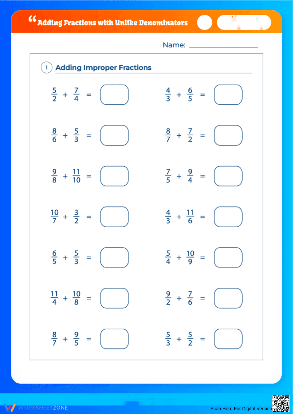Adding Fractions with Unlike Denominators Worksheet - Page 1