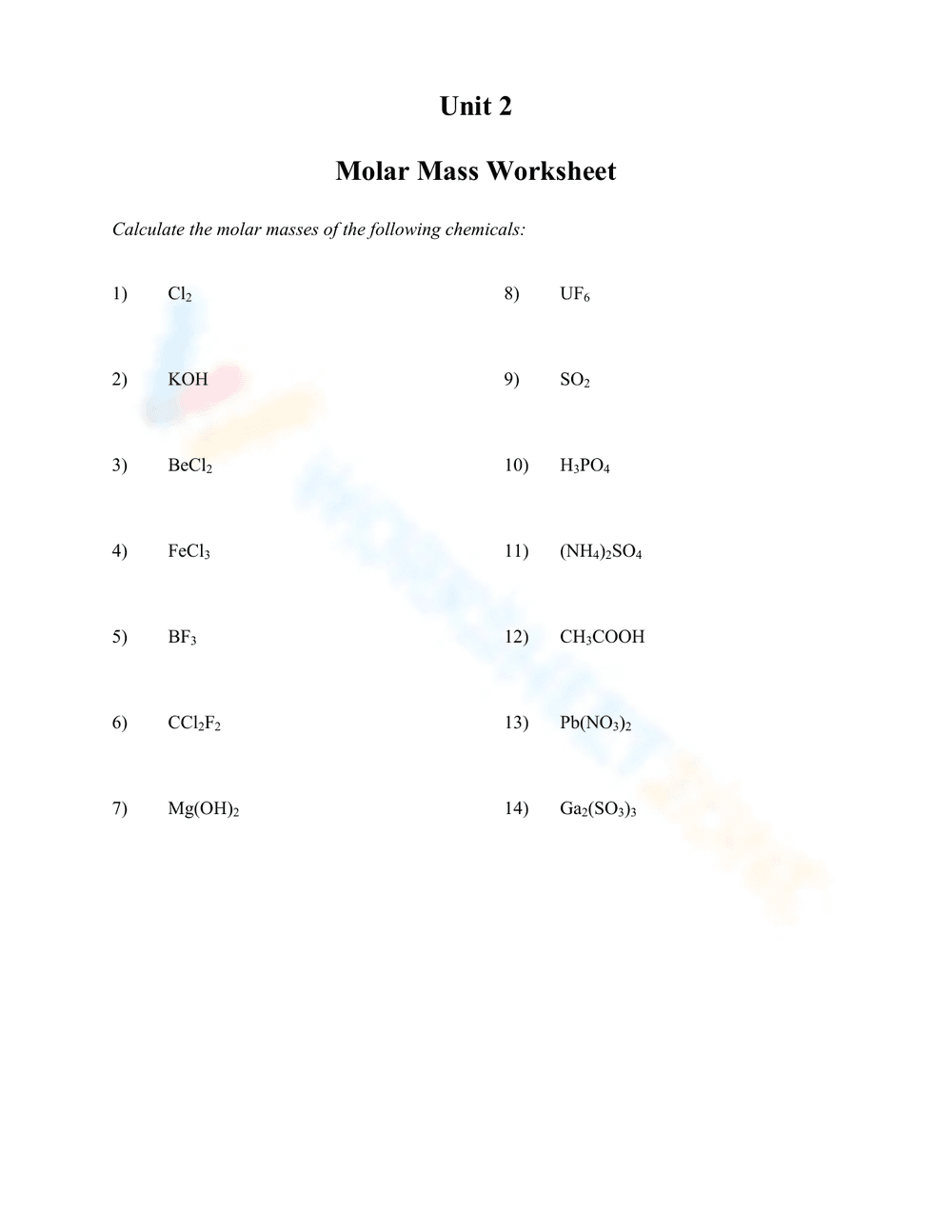 Molar Mass Calculation Worksheet for Chemistry Practice - Page 1