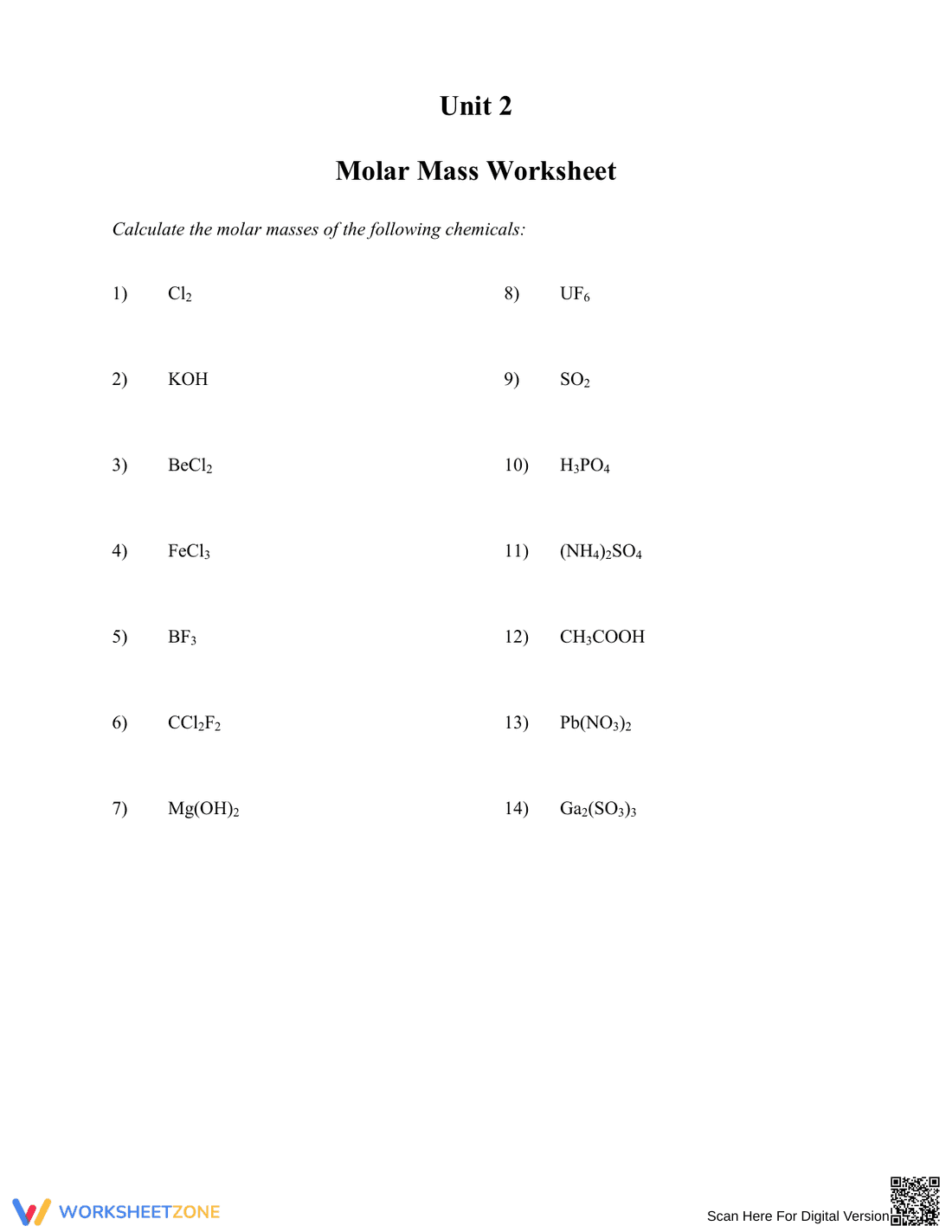 Molar Mass Calculation Worksheet for Chemistry Practice - Page 1