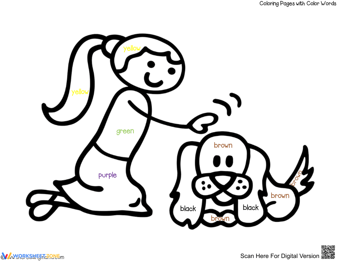 Color Word Recognition: Girl and Puppy | Essential Printable - Page 1