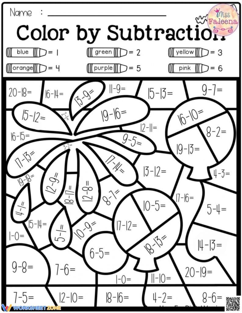 Color by Subtraction: Math Worksheet Fun - Page 1