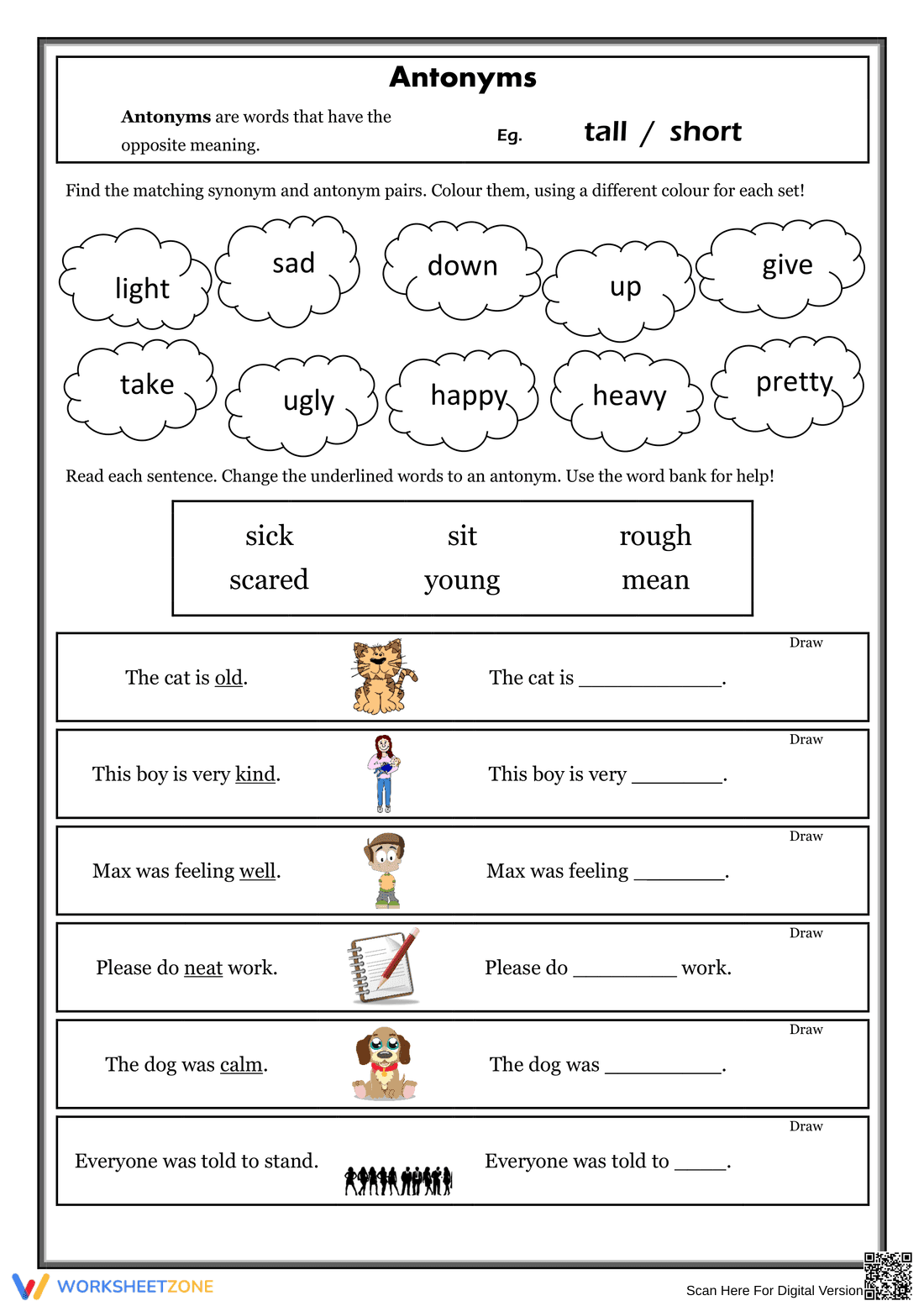 Grade 1 Antonyms — Printable No-Prep Worksheet - Page 1
