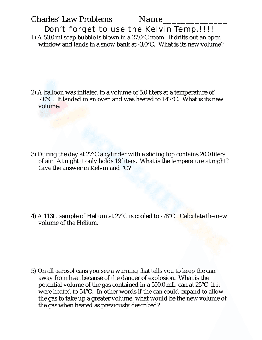 Charles's Law Worksheet: Gas Laws Practice - Page 1