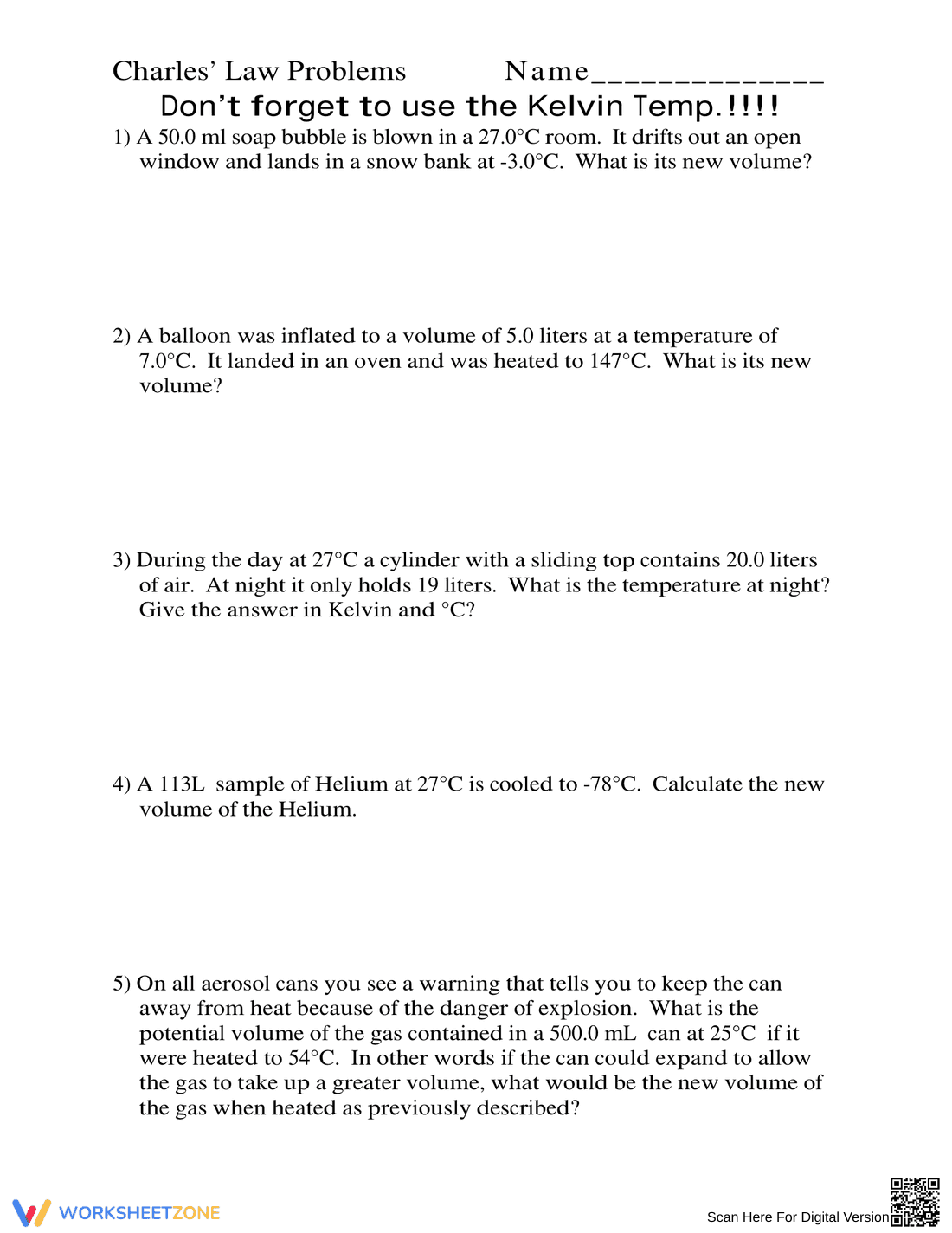 Charles's Law Worksheet: Gas Laws Practice - Page 1