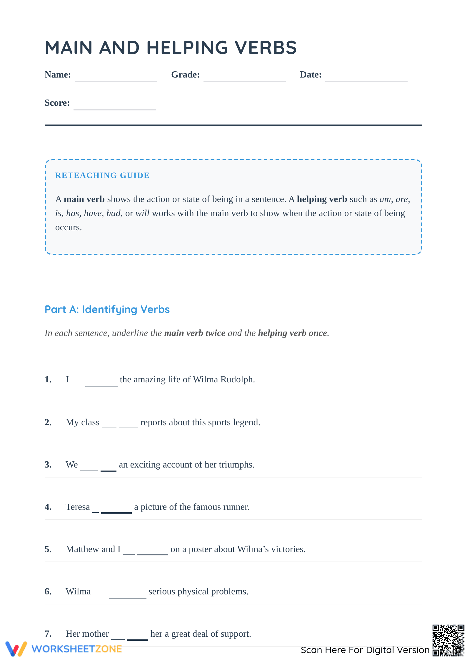 Main and Helping Verbs Complete Worksheet | Grade 4 ELA - Page 1