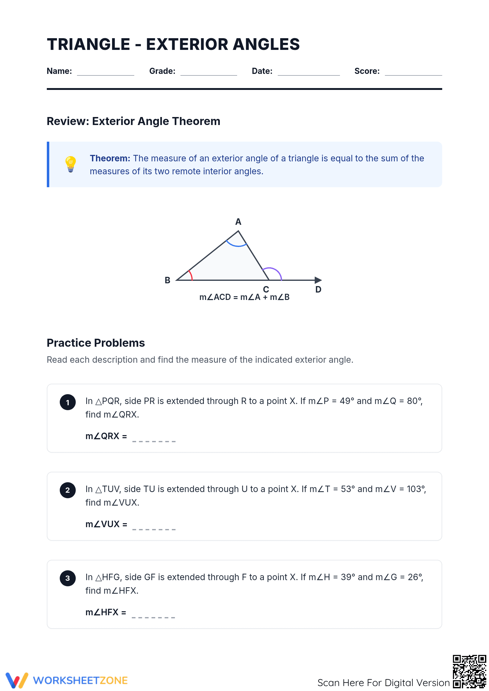Printable Triangle Exterior Angles Worksheet | Grade 8 - Page 1