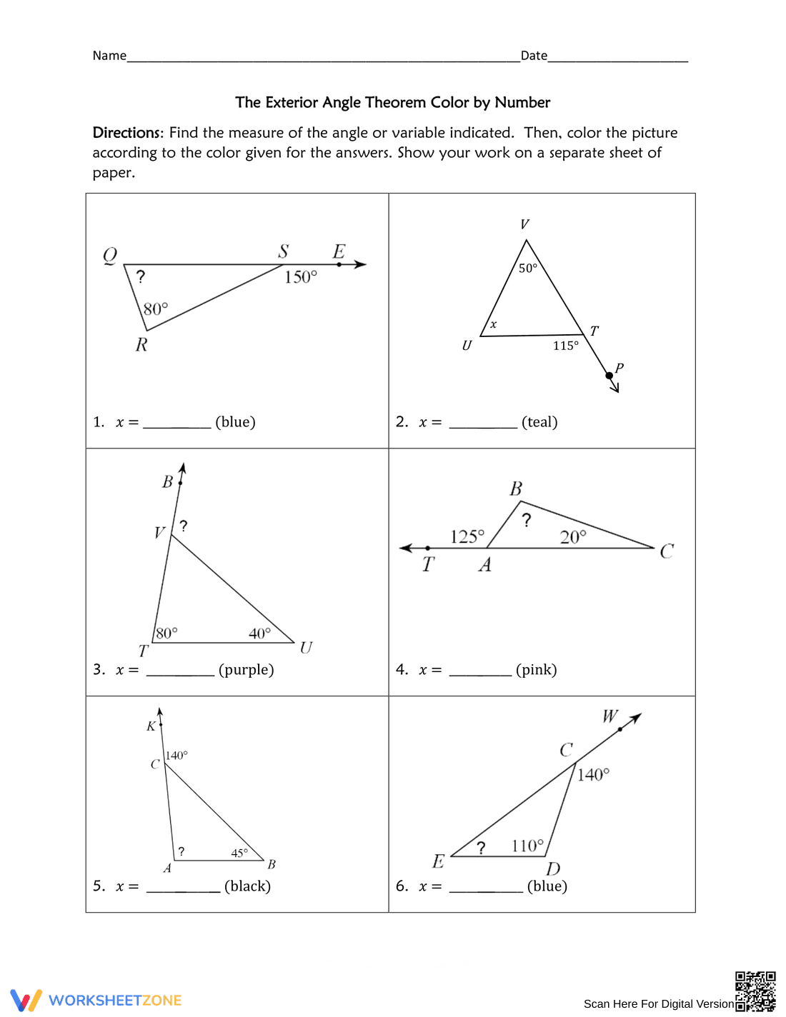 Exterior Angle Theorem Color by Number - Page 1