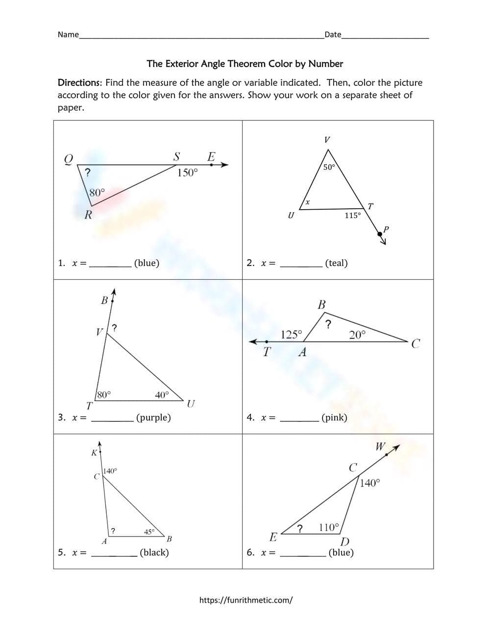 Exterior Angle Theorem Color by Number - Page 1