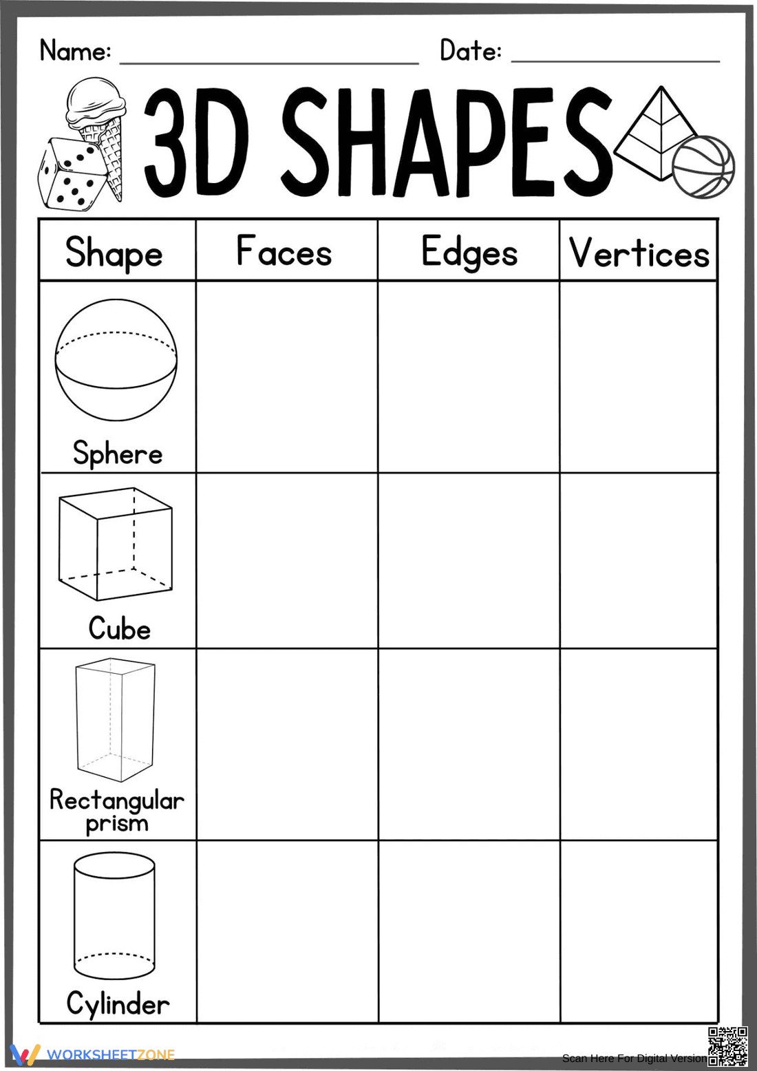 3D Shapes Identification Worksheet for Kids - Page 1