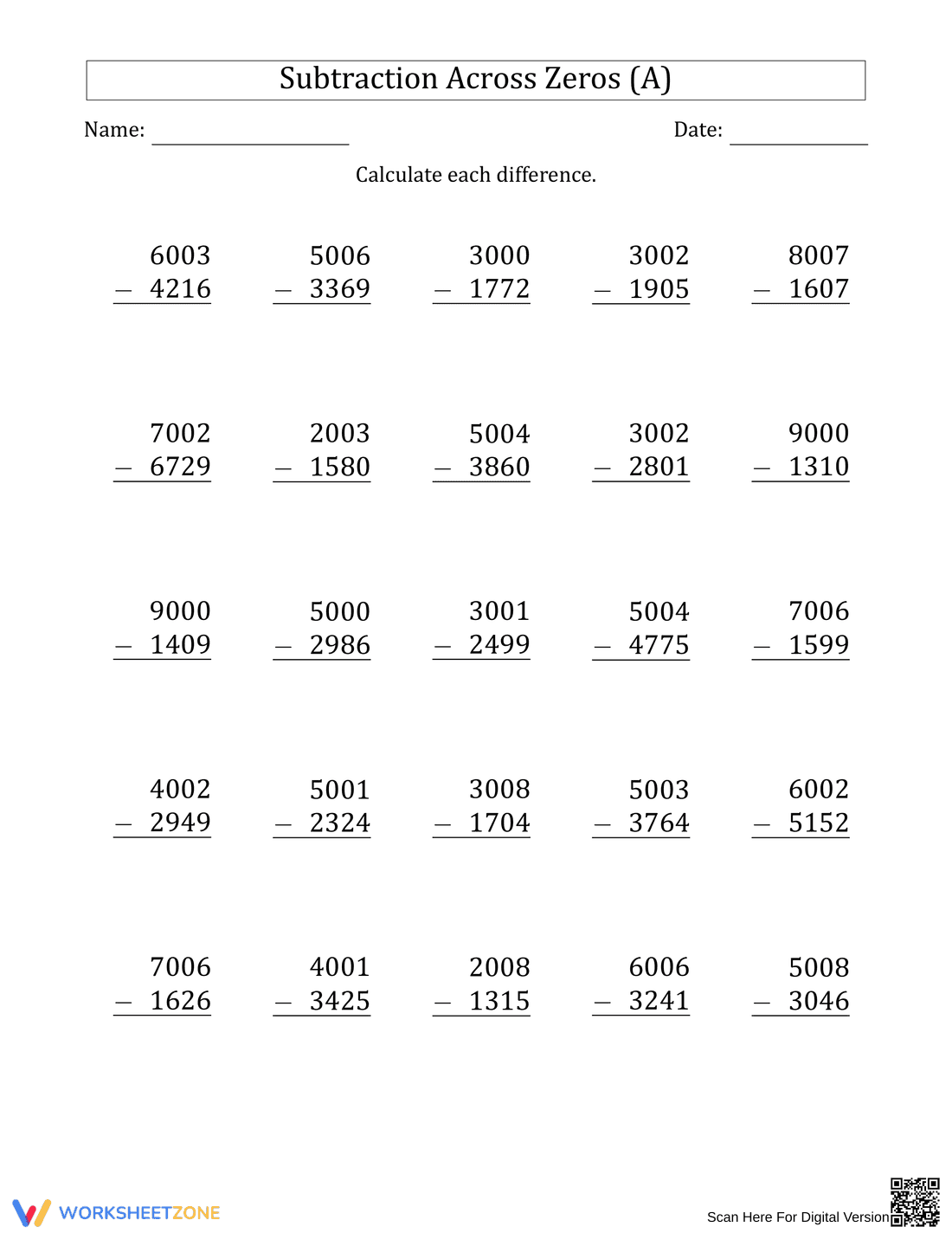 Subtraction Across Zeros Practice Worksheet - Page 1